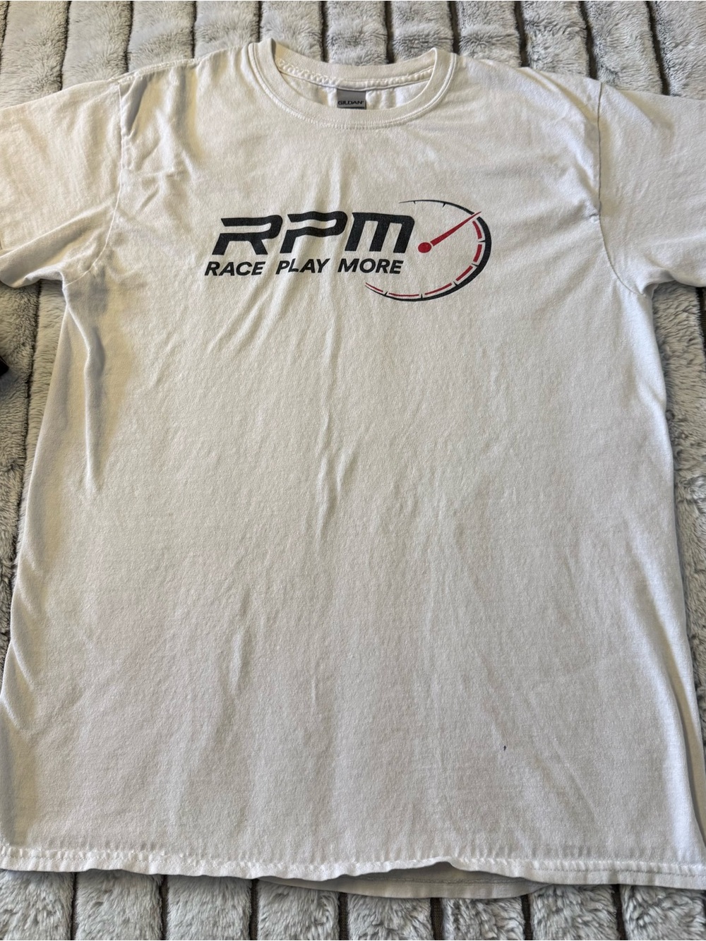 Gildan White RPM 'Race Play More' Graphic Tee with Black and Red Logo